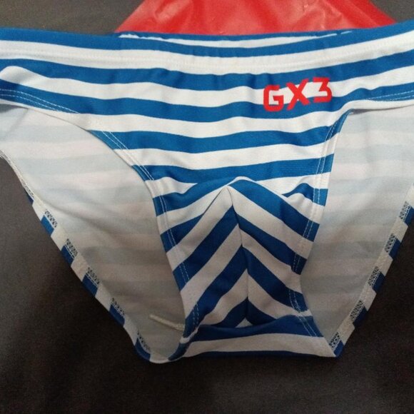 NWOT BLUE STRIPED SPEEDO STYLE SWIM BRIEF, ASIAN SIZE "XL", Est. US 32"